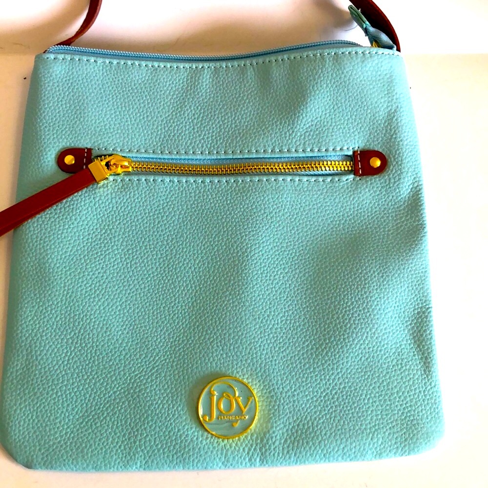 JOY MANGANO Aqua Blue w/Tan Trim Pebbled Leather CROSSBODY Shoulder Bag